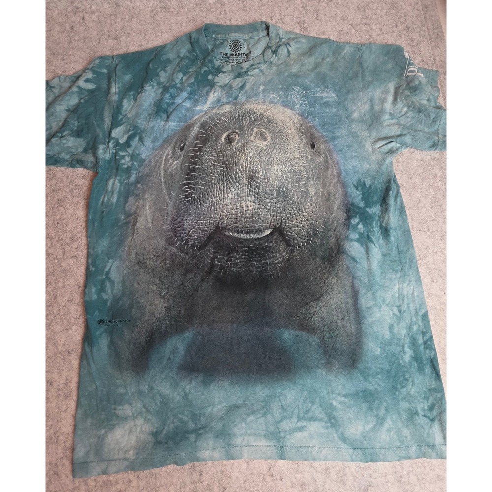 The Mountain Manatee Face Graphic T-Shirt Blue Tie Dye Cotton Unisex Large